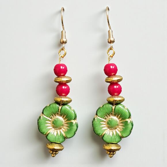 Handmade Green Czech Glass & Red Coral Earrings | Unique Artisan Jewelry - Picture 2 of 5